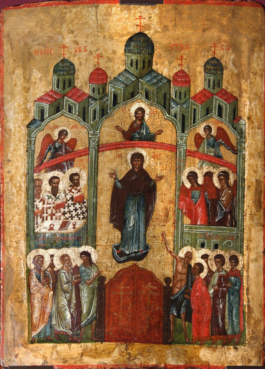 Jumalanäidin Pokrovin suojelus, 1400-luvun alku. tekijältä Russian icon.