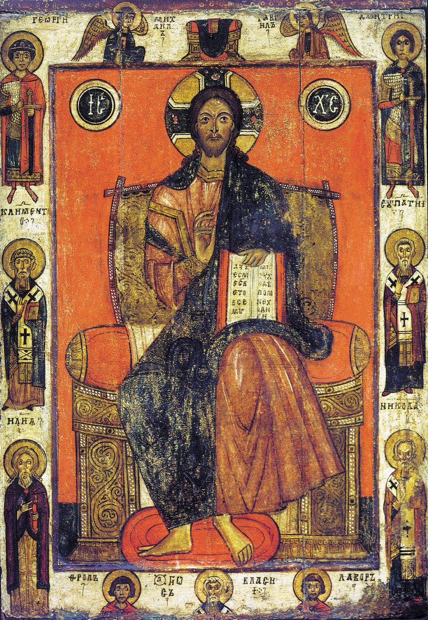 Vapahtaja valtaistuimella valittujen pyhien kanssa, 1200-luvun loppu - 1300-luvun alku. tekijältä Russian icon.