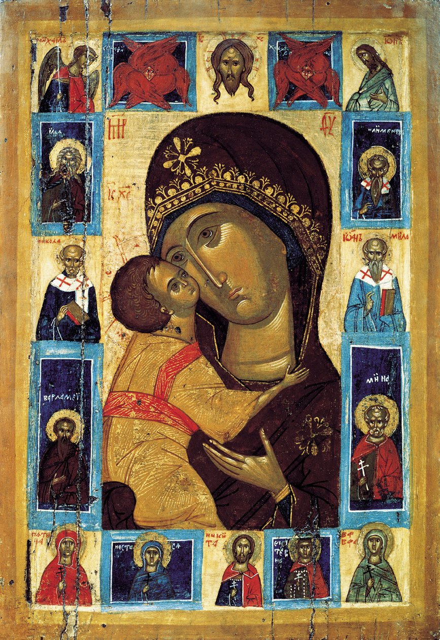 Neitsyt Eleusa valittujen pyhien kanssa, 1500-luvun alku. tekijältä Russian icon.