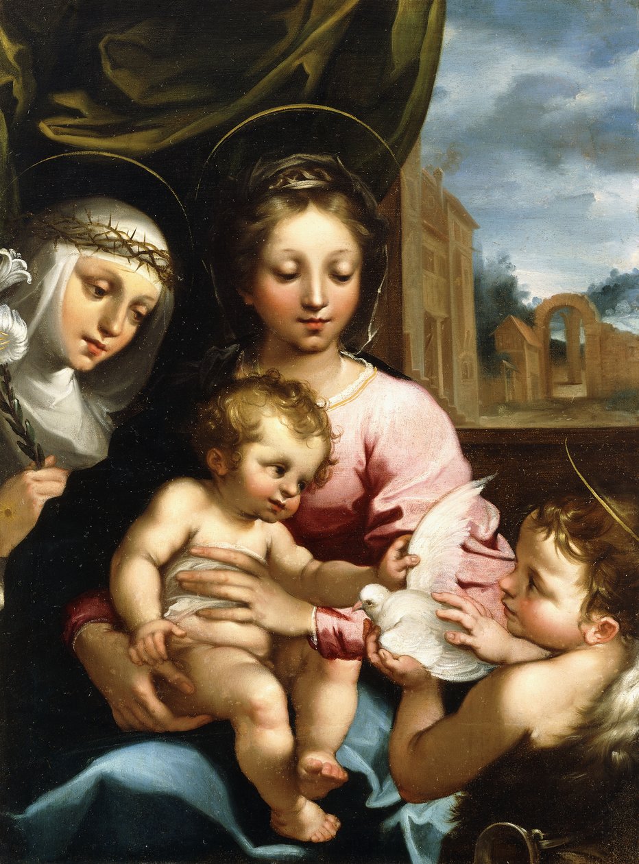 Madonna ja lapsi pikkulapsen Pyhän Johannes Kastajan ja Pyhän Katariina Sienan kanssa, n. 1597-1612 tekijältä Rutilio Manetti