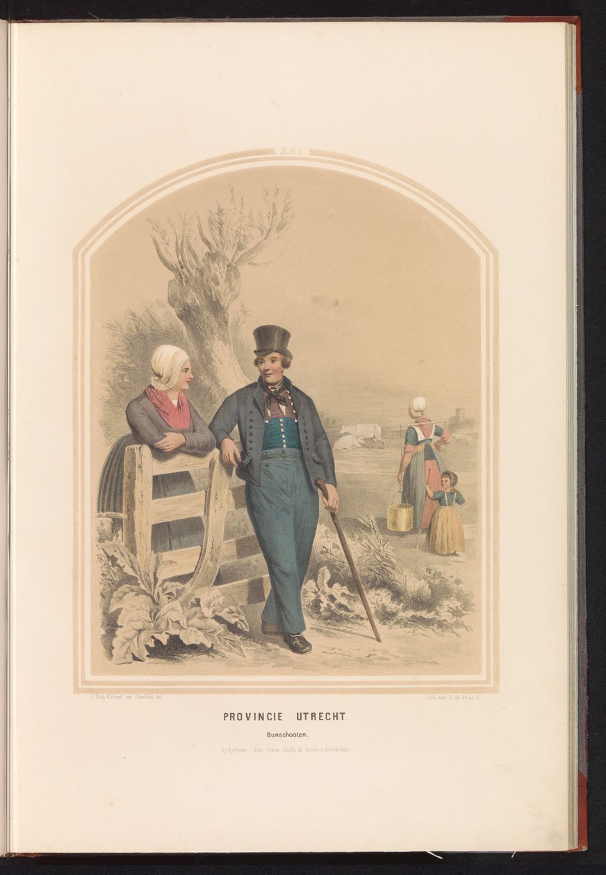Bunschotenin perinteinen puku Utrechtissa, 1857 Utrechtin maakunta. Bunschooten / XXI (otsikko esineessä) tekijältä Ruurt de Vries