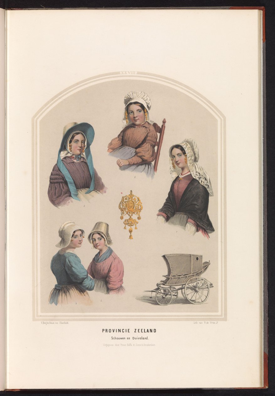 Schouwenin ja Duivelandin perinteinen puku Zeelandissa, 1857 Zeelandin maakunta. Schouwen en Duiveland / XXVIII (otsikko esineessä) tekijältä Ruurt de Vries