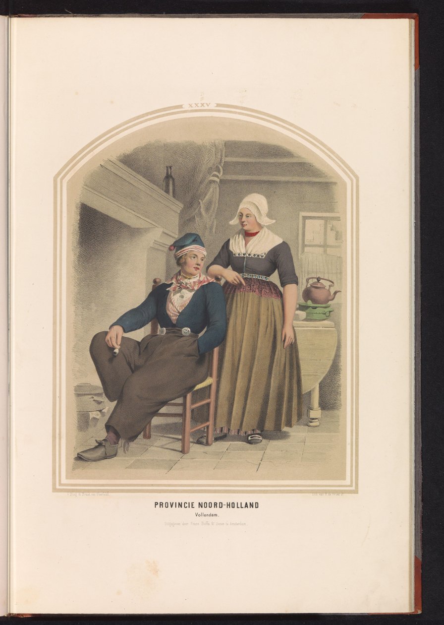 Volendamin perinteinen puku Pohjois-Hollannissa, 1857 Pohjois-Hollannin maakunta. Vollendam / XXXV (otsikko esineessä) tekijältä Ruurt de Vries