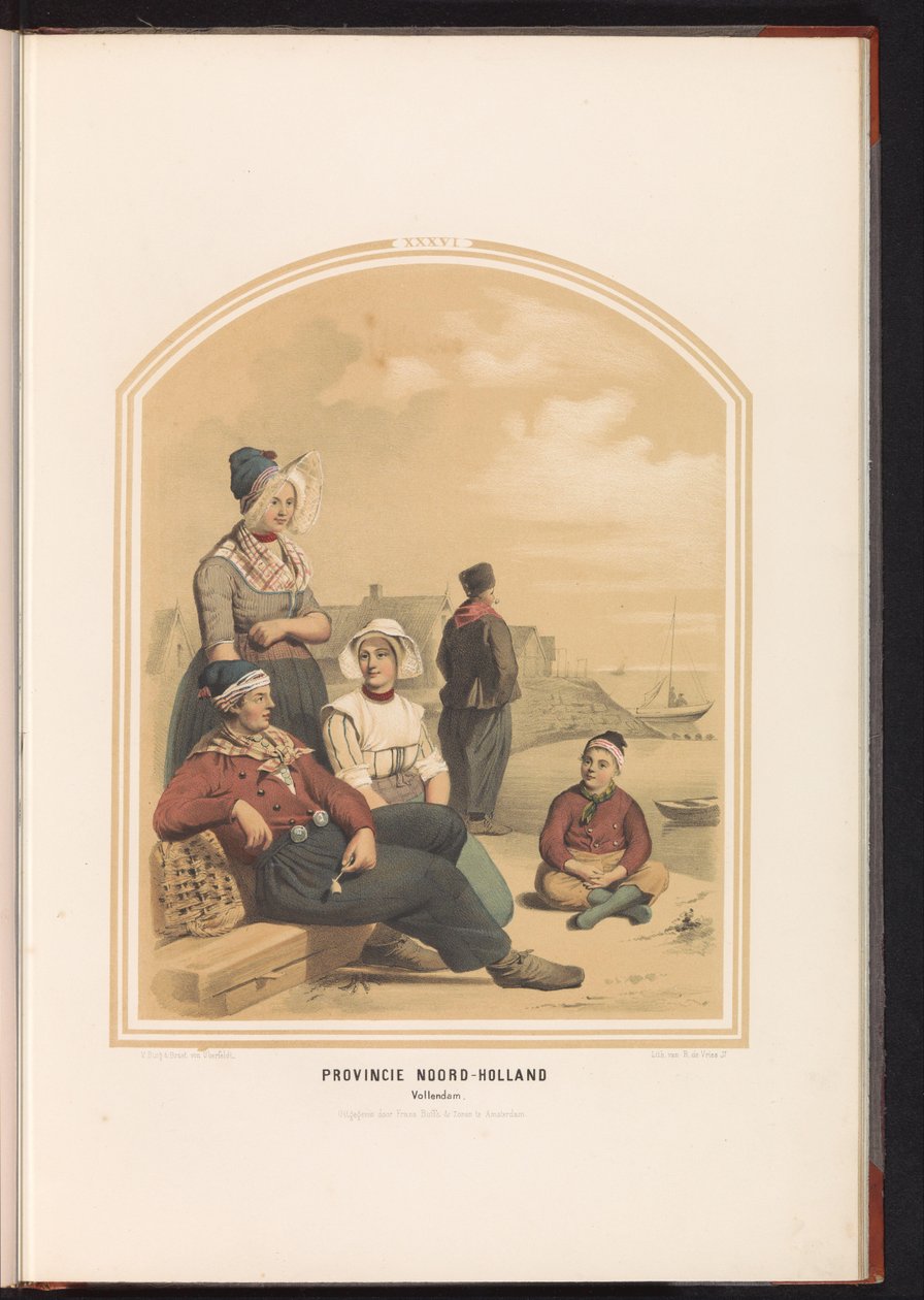 Volendamin perinteinen puku Pohjois-Hollannissa, 1857 Pohjois-Hollannin maakunta. Vollendam / XXXVI (otsikko esineessä) tekijältä Ruurt de Vries