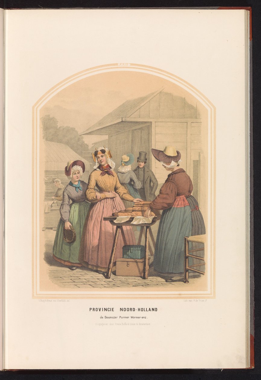 aBeemsterin, Purmerin ja Wormerin perinteiset puvut Pohjois-Hollannissa, 1857 Pohjois-Hollannin maakunta. de Beemster Purmer Wormer jne. / XXII (otsikko esineessä) tekijältä Ruurt de Vries