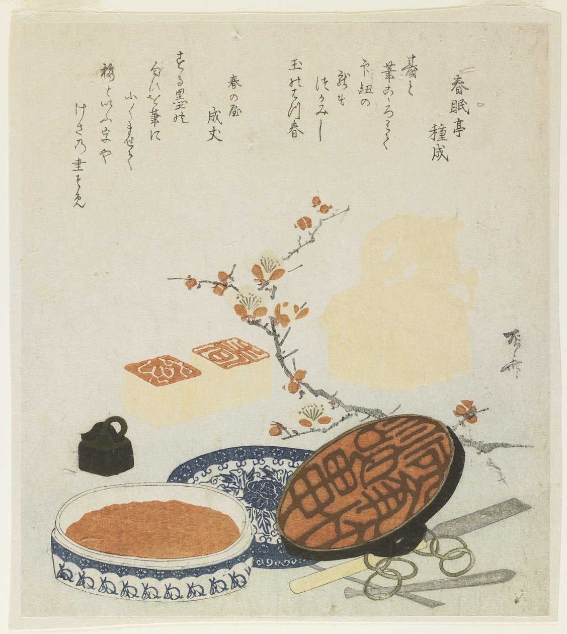 (Sinetökset, veistotyökalut, posliinimustelaatikko ja luumun oksa), 1820 tekijältä Ryuryukyo Shinsai