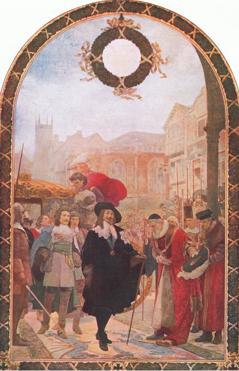 Charles I vaati viittä jäsentä Guildhallissa 1641, esimerkki Waverleyn julkaisemasta The History of the British Peoplesta, n. 1940 tekijältä S. J. Soloman