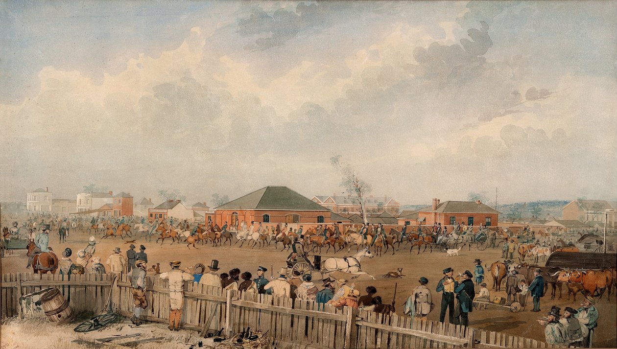 Sturts Overland Expedition lähtee Adelaidesta 10. elokuuta 1844 tekijältä S. T. Gill