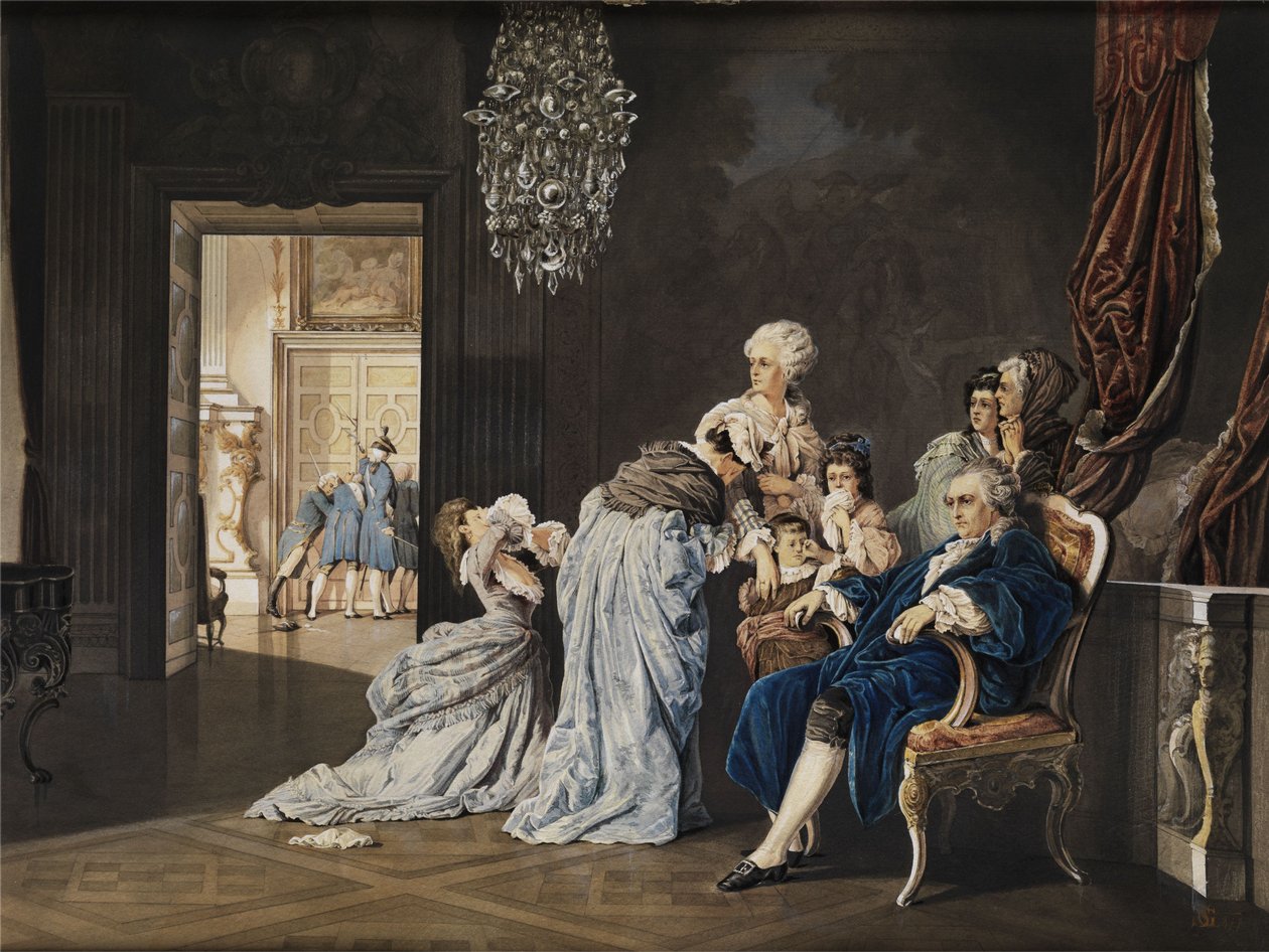 Ranskan kuninkaallisen perheen (Louis XVI ja Marie Antoinette) viimeiset tunnit Louvressa ennen vallankumouksellisten murtautumista. Akvarellimaalaus/guassi pahville. 38x51 cm. Monogrammi "SG" ja päivätty "1877" oikeassa alakulmassa tekijältä „SG“