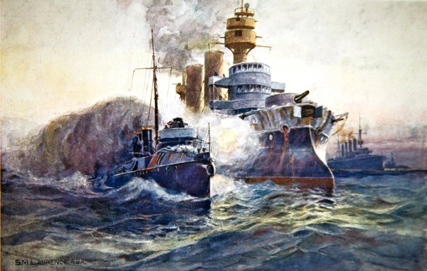 "Running the Blockade", kuvitus "The Black and White" -viikkolehdestä tekijältä S.M. R.B.A. (after) Laurence
