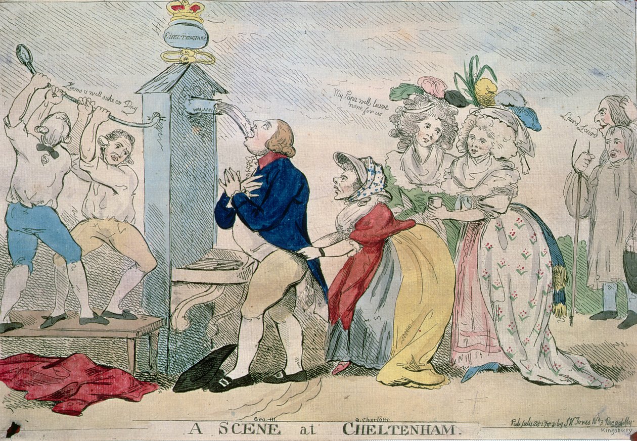 Kohtaus Cheltenhamissa. Satiirinen sarjakuva, pubi. 1788 tekijältä S.W. Fores