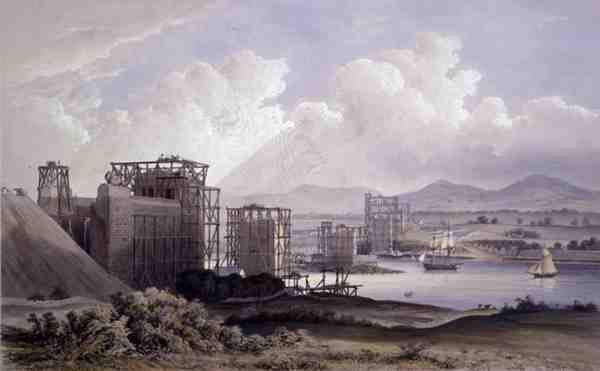 Britannian putkisilta Menain salmen yli, otettu rakennusvaiheessa vuonna 1848, litografia Day and Son tekijältä S. (after) Russell