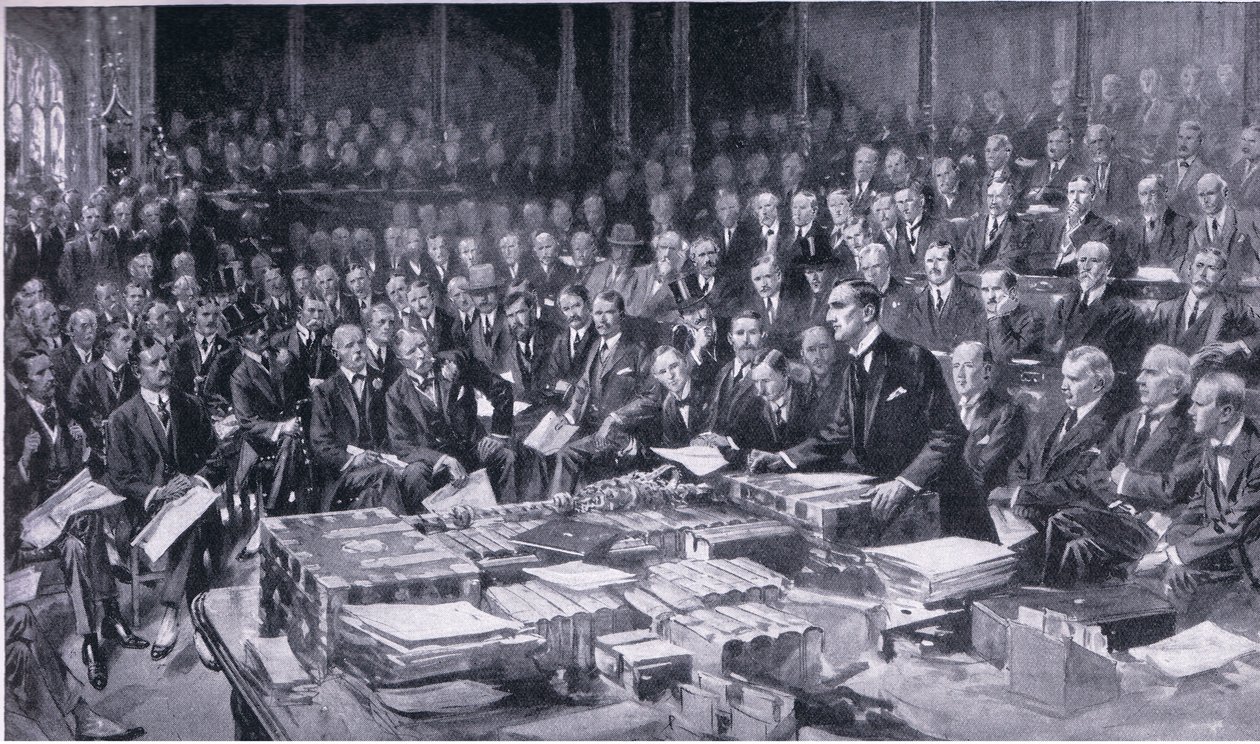 Yksi parlamentin historian merkittävimmistä tapahtumista 3. elokuuta 1914, Cassells History of the British People -julkaisusta, jonka on julkaissut Waverley Book Company Limited, noin 1940. tekijältä S. Begg