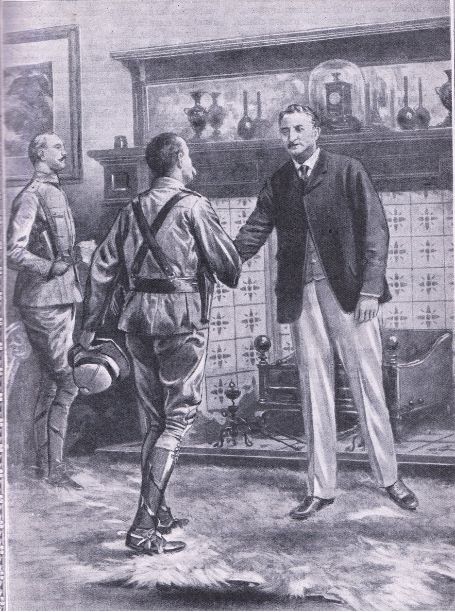 Kun ranskalainen helpotti Kimberleyä. Kenraali French ja Cecil Rhodes, kuva Cassells Romance of Famous Lives, n. 1940 tekijältä S. Begg