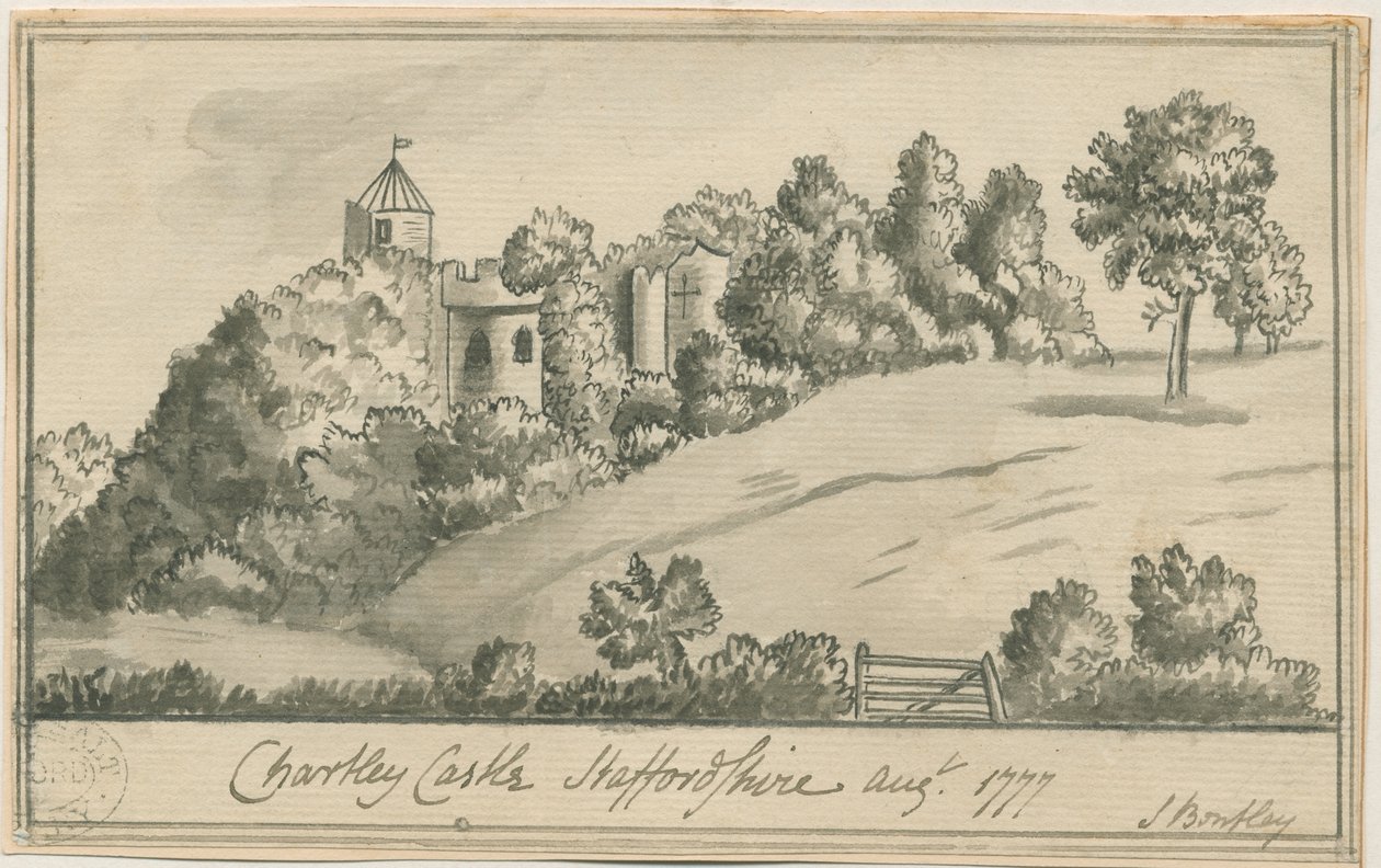 Chartley Castle: seepiapiirustus, elokuu 1777 tekijältä S Bentley
