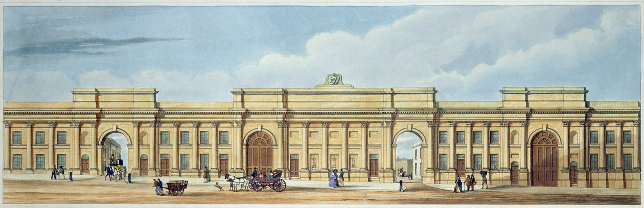 Uusi Grand Entrance Liverpoolin ja Manchester Railwaylle, Lime Street, Liverpool, "Liverpool and Manchester Railwaysta", kaiverrettu John Harris, pubi. Ackermann und Co., 1836 tekijältä S. Kelper