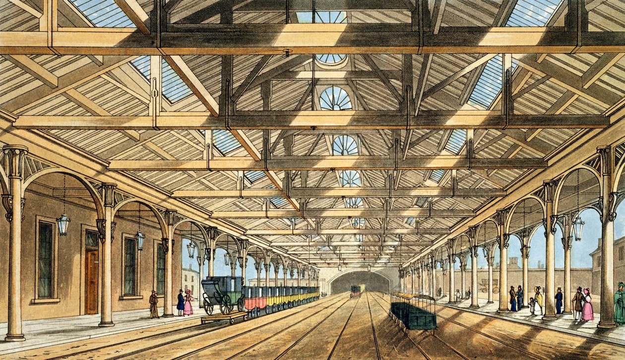 New Station, Lime Street, tunnelin sisäänkäynti ja varauspisteet, kuvasta "Liverpool and Manchester Railway", kaiverrettu John Harrisin toimesta, julkaissut Ackermann und Co., 1836. tekijältä S. Kelper