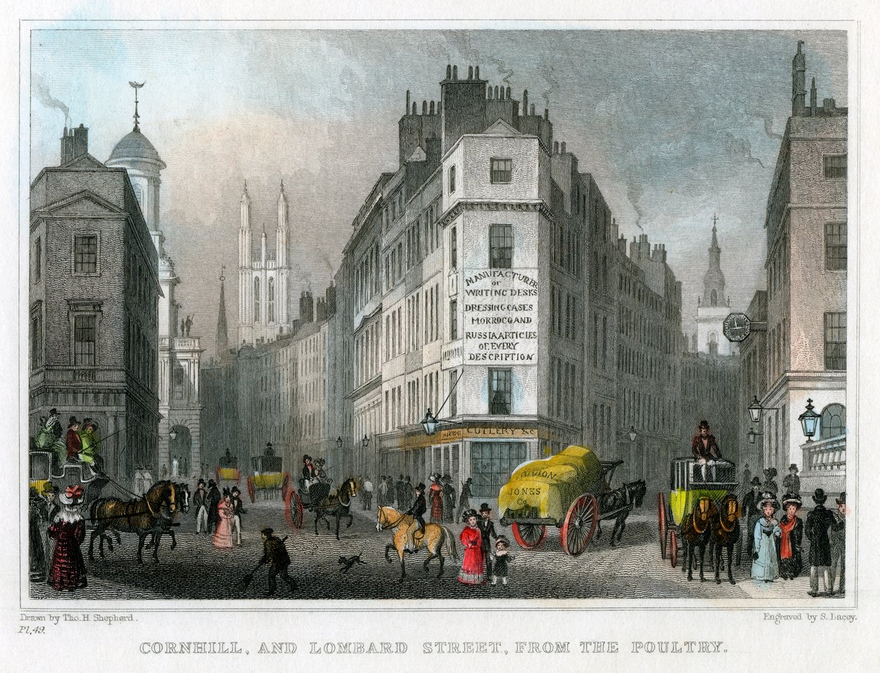Cornhill ja Lombard Street Poultrysta, Lontoon kaupungista, 1830. tekijältä S. Lacey