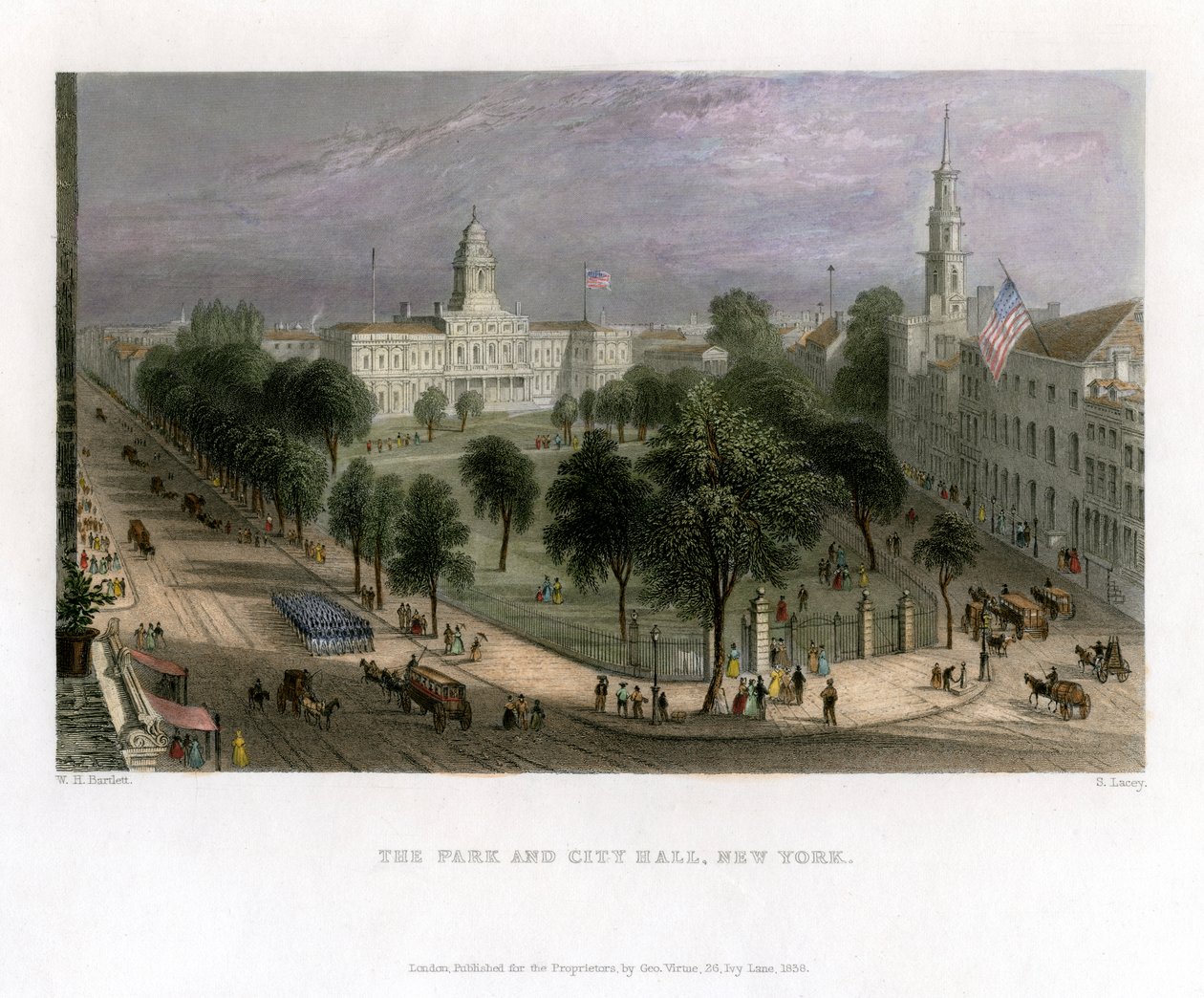 Puisto ja kaupungintalo, New York, USA, 1838. tekijältä S. Lacey