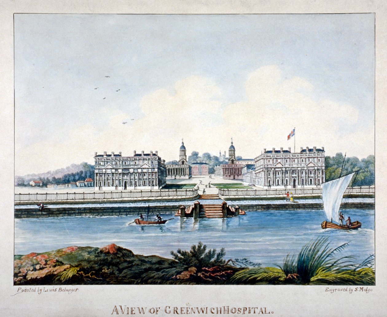 Näkymä Greenwich Hospital -sairaalasta Isle of Dogsista, Lontoosta, c1800 tekijältä S Malgo