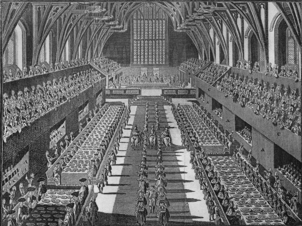 Westminster Hallin sisustus kuningas Yrjö II:n kruunajaisissa 1727 1911 tekijältä S Moore
