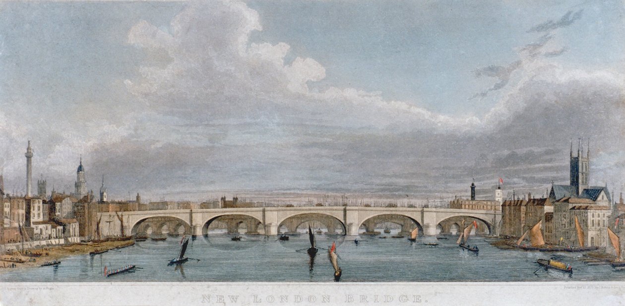 Näkymä London Bridgelle lännestä veneillä Thames-joella, 1829 tekijältä S Rogers