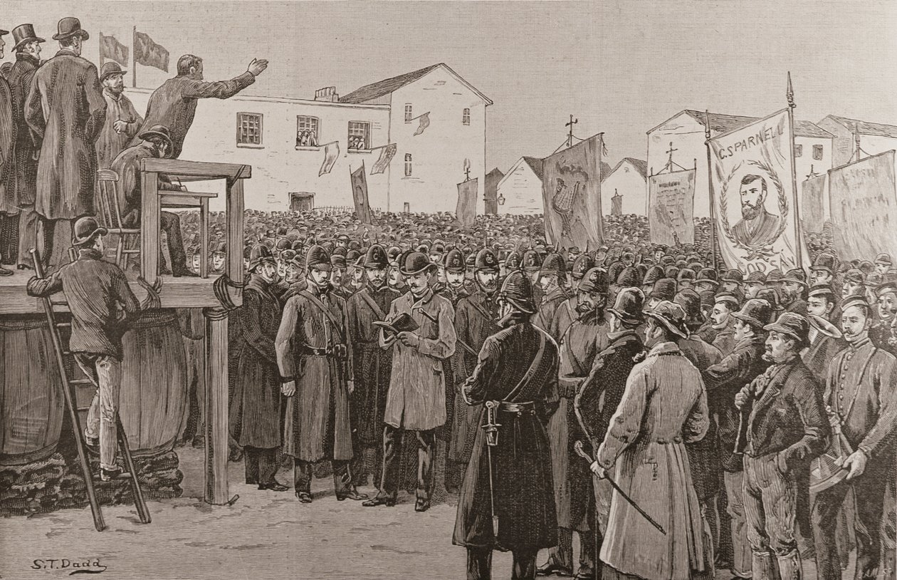Constabulary vartioi hallituksen reportteria "kampanjasuunnitelmakokouksessa", "The Illustrated London News", 8. tammikuuta 1887 (kaiverrus) tekijältä S. T. Dadd