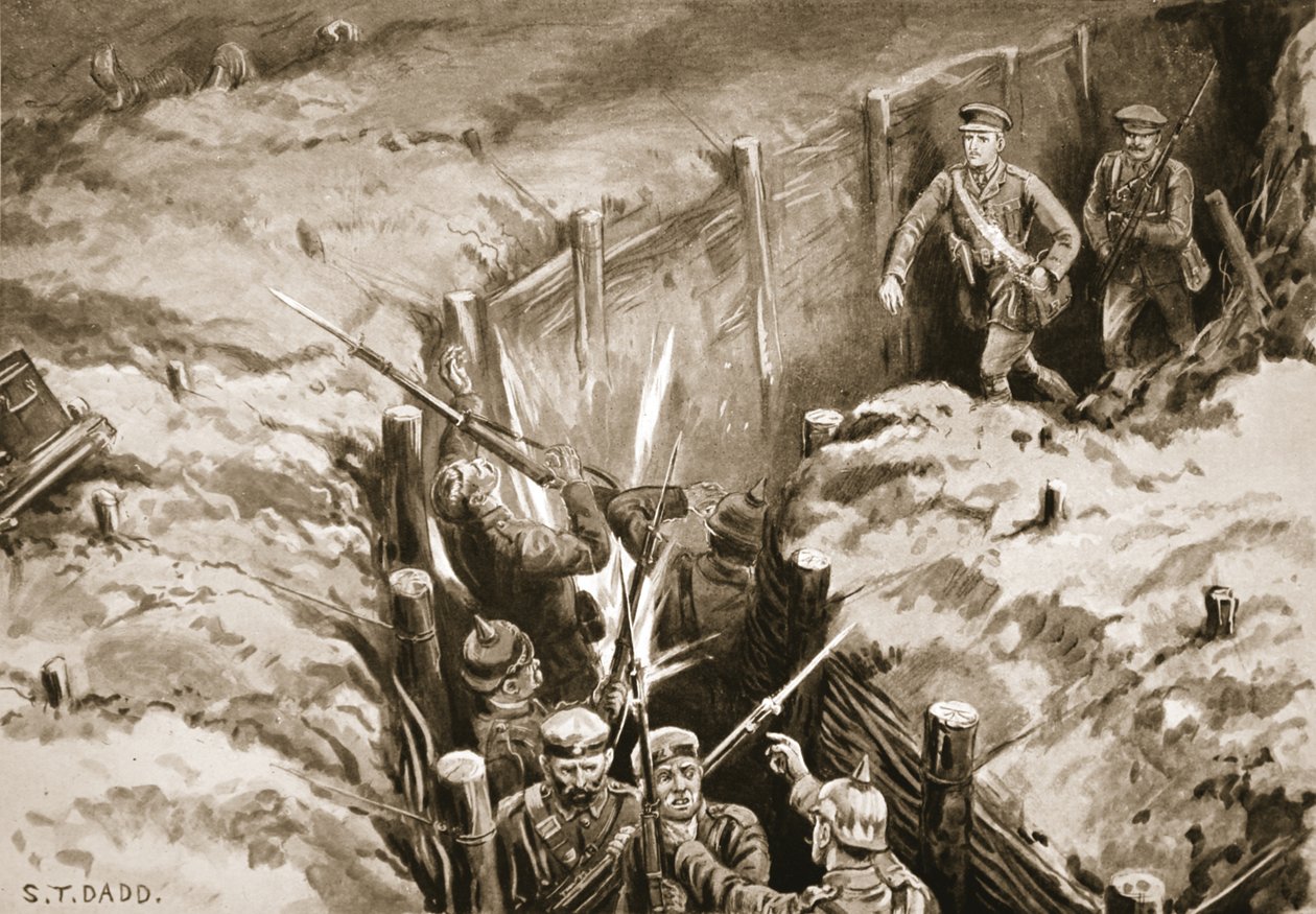 Yliluutnantti Turner johti pommi-iskua alas saksalaisessa viestintäkaivannossa (litho) tekijältä S. T. Dadd