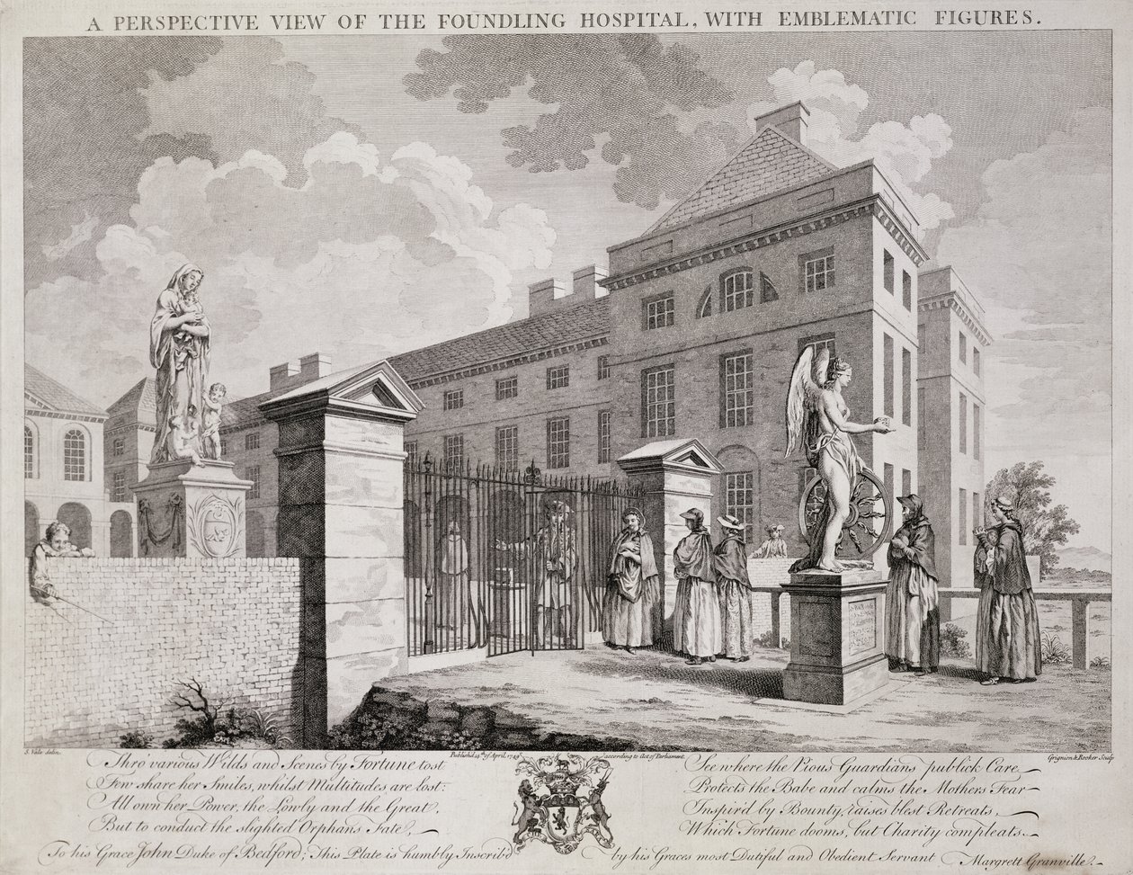 Perspektiivikuva Foundling-sairaalasta symbolisilla hahmoilla, 1749 tekijältä S. Vale