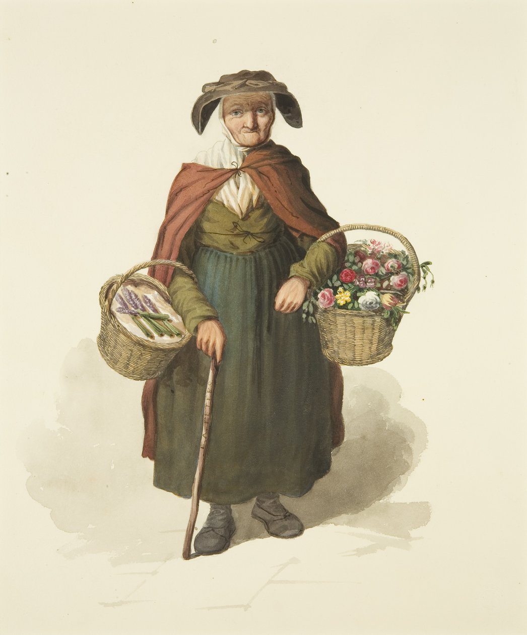 Old Kingswood Flower Seller, n. 1828 (kynä ja akvarelli paperille) tekijältä S. or D. A. Peters