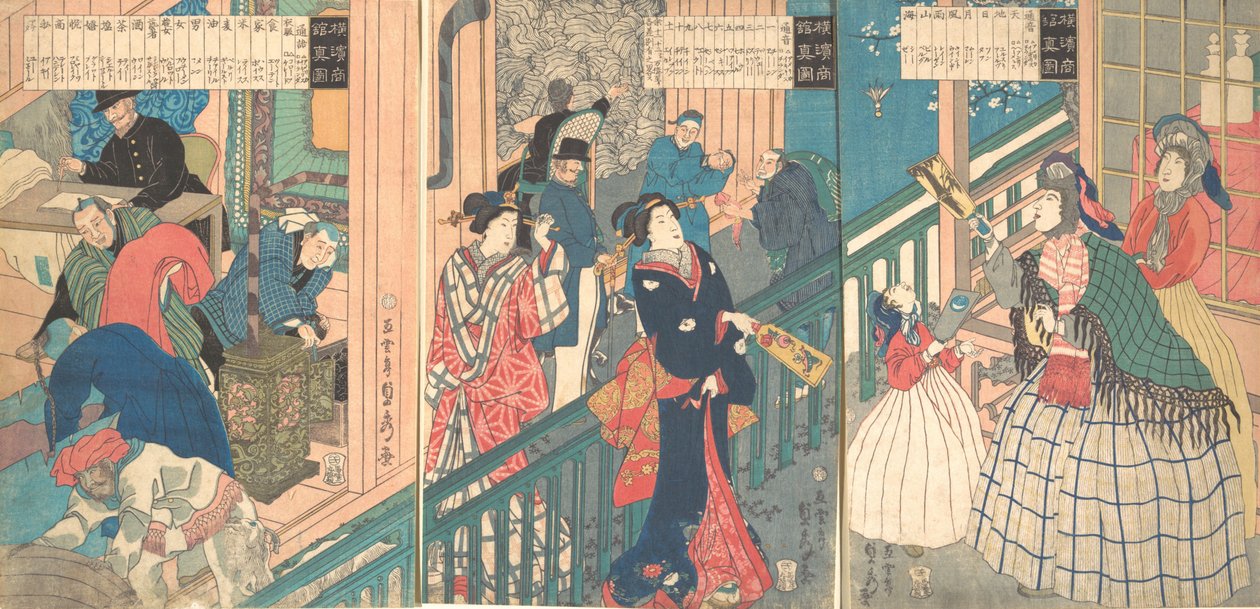 Todellinen näkymä Yokohama-kauppiaan kauppatalosta, 1. kuukausi, 1861. tekijältä Sadahide Utagawa