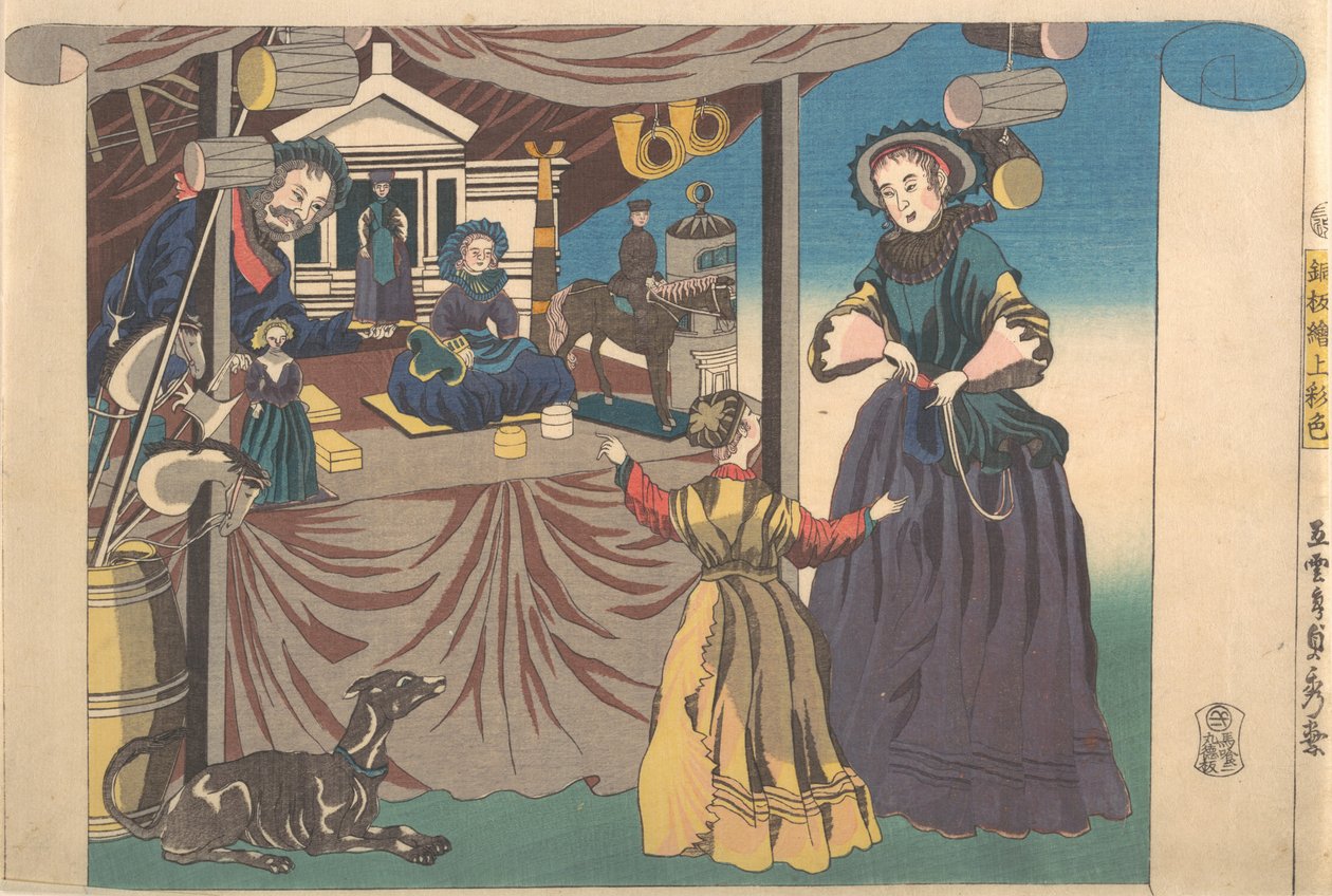Väritulostus kuparilevystä Lelukaupan kuva, 1860. tekijältä Sadahide Utagawa