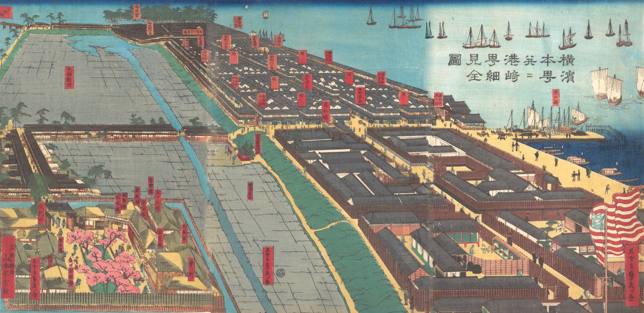 Yksityiskohtainen vedos Yokohama Hon-chosta ja Miyozaki Pleasure Quarterista, 4. kuukausi. 1860. tekijältä Sadahide Utagawa