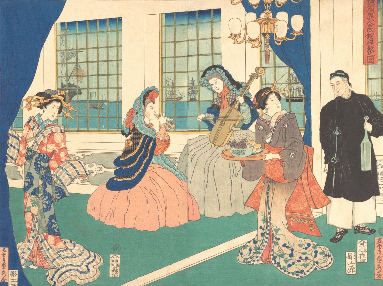 Ulkomaisen liikelaitoksen salonki Yokohamassa, 9. kuukausi, 1861. tekijältä Sadahide Utagawa