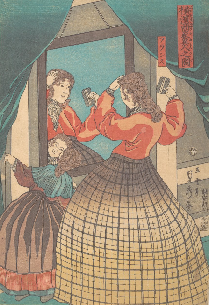 Ranskalainen nainen ja tyttö, sarjasta Foreign Merchants in Yokohama, 1861. tekijältä Sadahide Utagawa