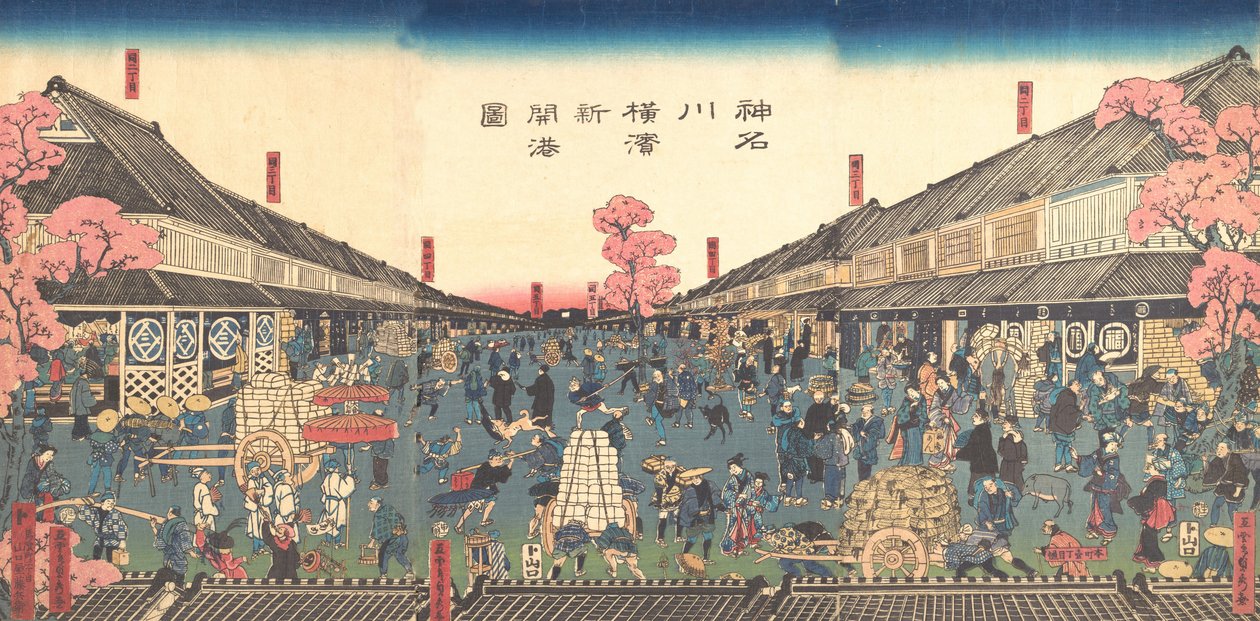 "Jokohaman hiljattain avattu satama Kanagawan prefektuurissa", 2. kuukausi, 1860. tekijältä Sadahide Utagawa