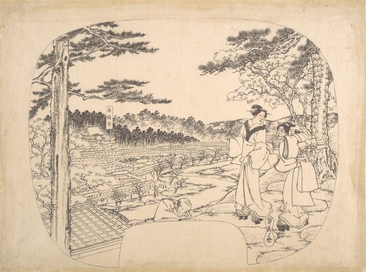 Kaksi naista ihailemassa nähtävyyksiä näköalapaikalta... Zenpukuji-temppeli, 1800-luku. tekijältä Sadahide Utagawa