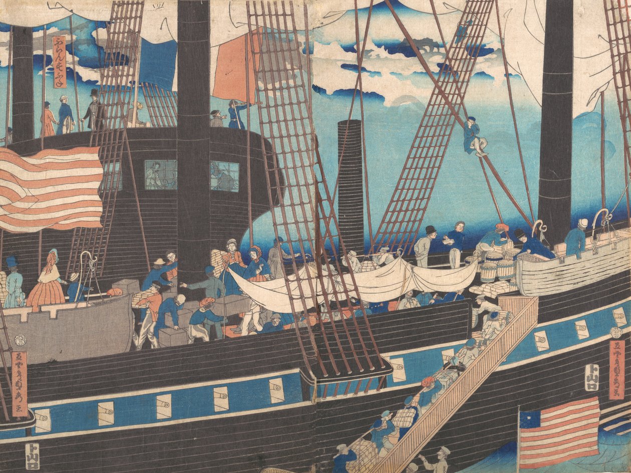 "Yokohama Trade: Westerners Loading Cargo", 4. kuukausi, 1861. tekijältä Sadahide Utagawa