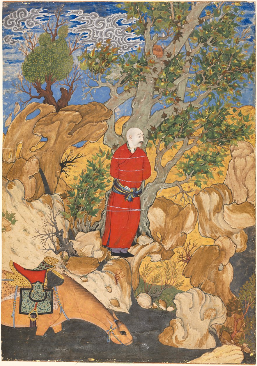 Aulad sidottu plataanipuuhun, Firdausin Shahnamasta, 1575-1600. tekijältä Sadiqi Bek