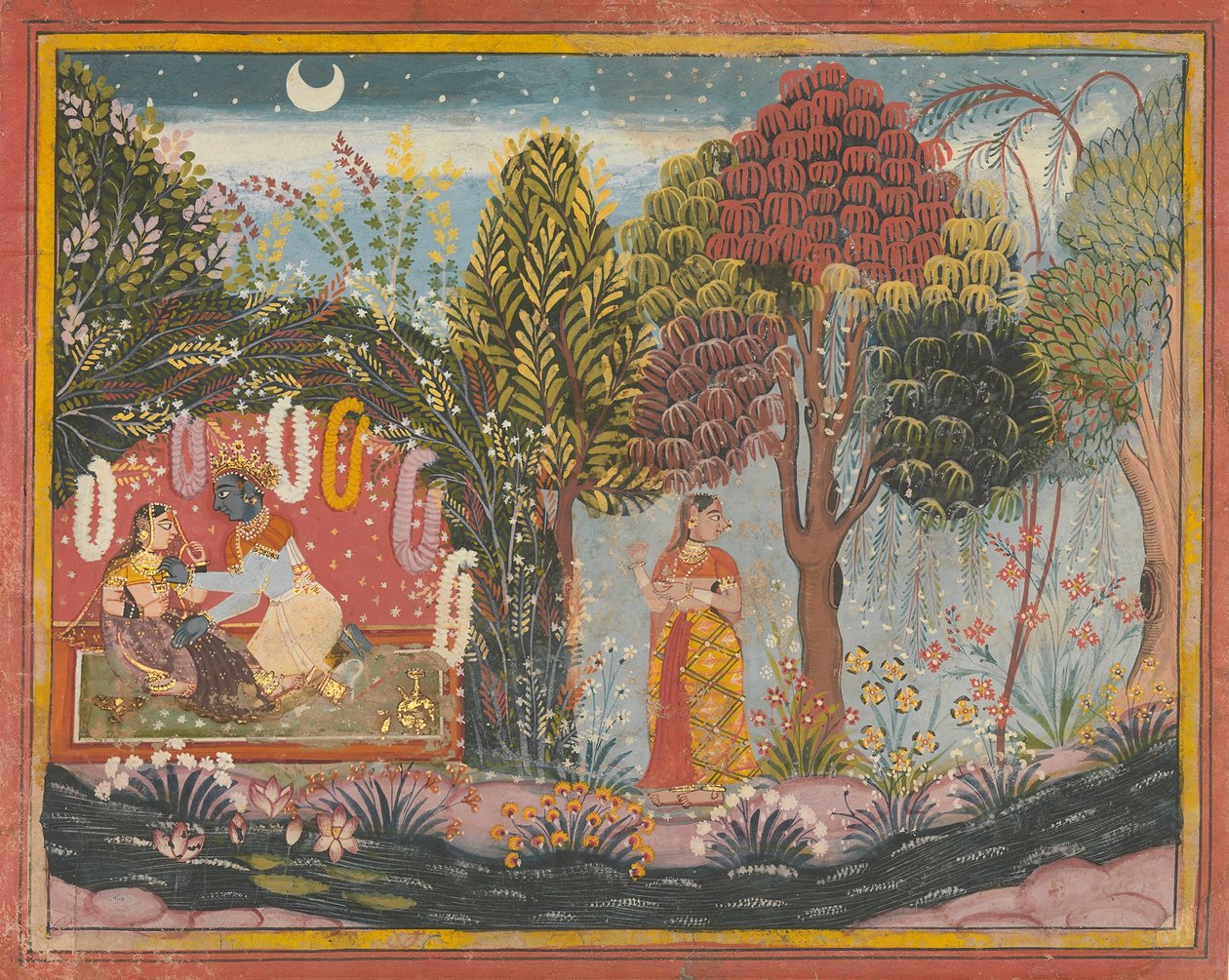 Krishna ja Radha bowerissa: Sivu hajallaan olevasta Gita Govindasta, n. 1665. tekijältä Sahibdin