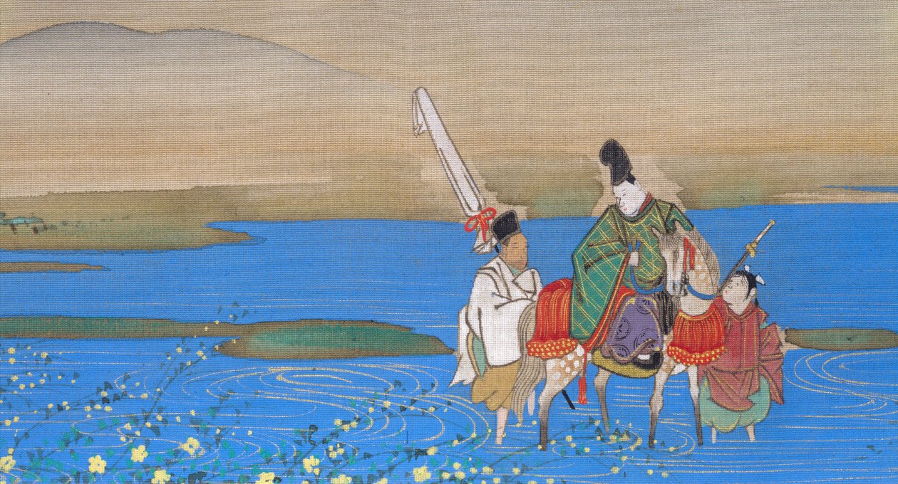 Mieshovimies ratsain ylittämässä jokea, n. 1839 tekijältä Sakai Oho