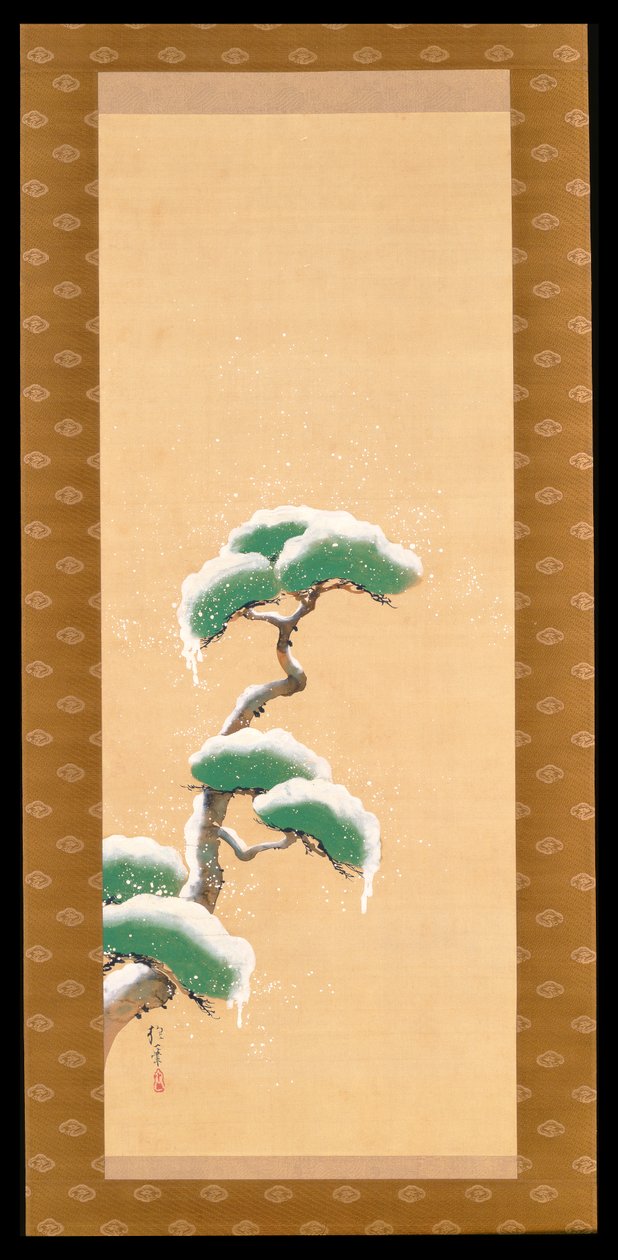 Ripustettava käärö, joka kuvaa lumipeitteistä mäntyä, kolmesta vuodenajasta koostuvasta triptyykistä, Japani, 1800-luvun alku tekijältä Sakai Hoitsu