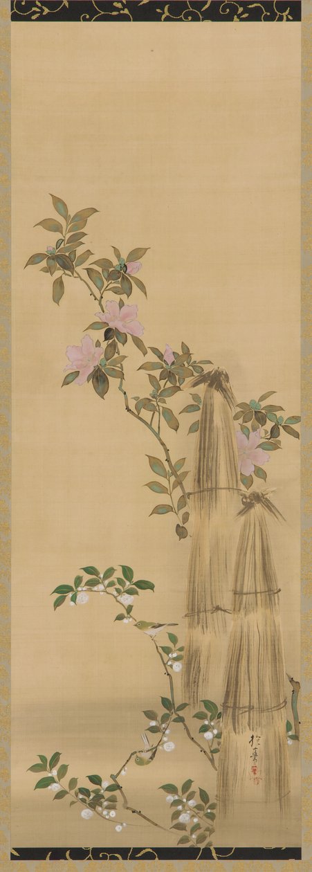 Vaaleanpunaiset ja valkoiset kukat ja olkipeitteet, Edo-kausi, 1761-1828. tekijältä Sakai Hoitsu