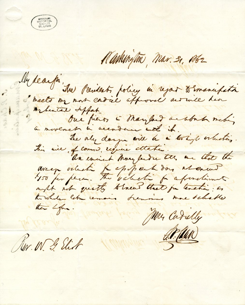 S.P.Chase, Washington, allekirjoitti kirjeen W.G. Eliotille 31. maaliskuuta 1862 tekijältä Salmon P. Chase