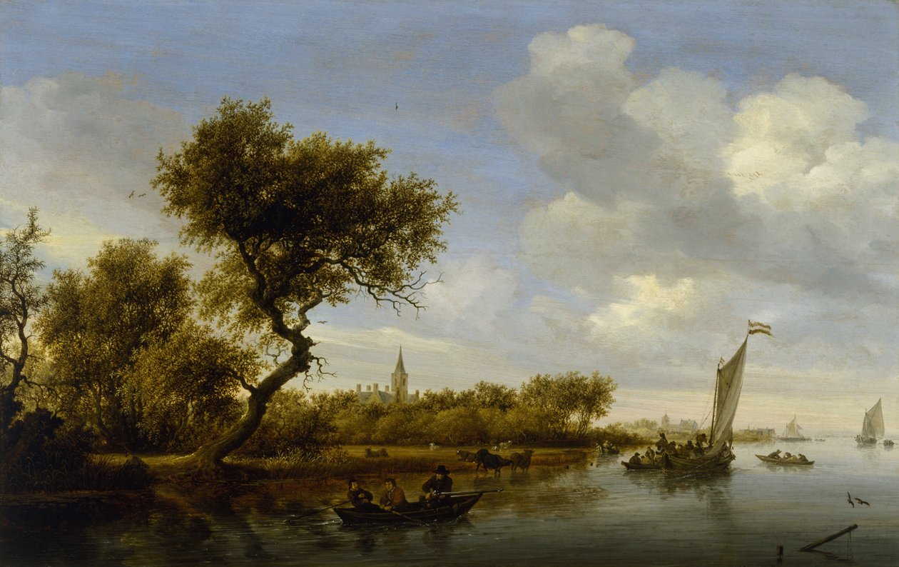 Joen maisema ja kirkko kaukana tekijältä Salomon van Ruisdael or Ruysdael
