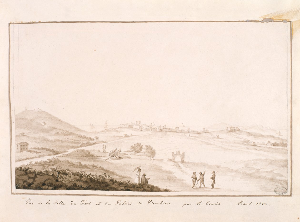 Näkymä linnoitettuun kaupunkiin ja Piombinon palatsille, 1812 tekijältä Salomon Guillaume Counis