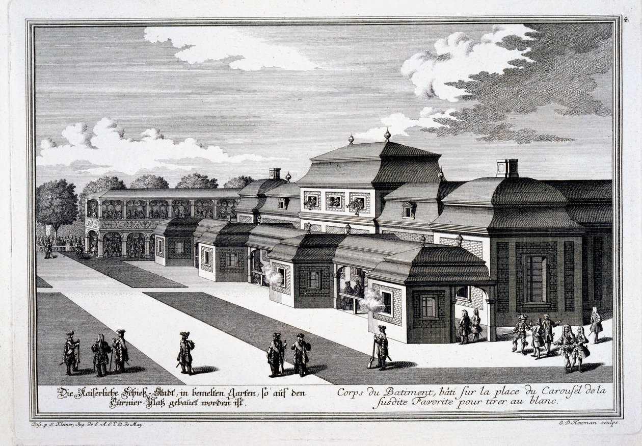 Wienin Prinssin palatsille Place du Carrouselille rakennettu ampumarata "Seuraavan Lustgartenin esittelystä Residenz-Stadt Wienin ulkopuolella", julkaistu n. 1724-37 tekijältä Salomon Kleiner
