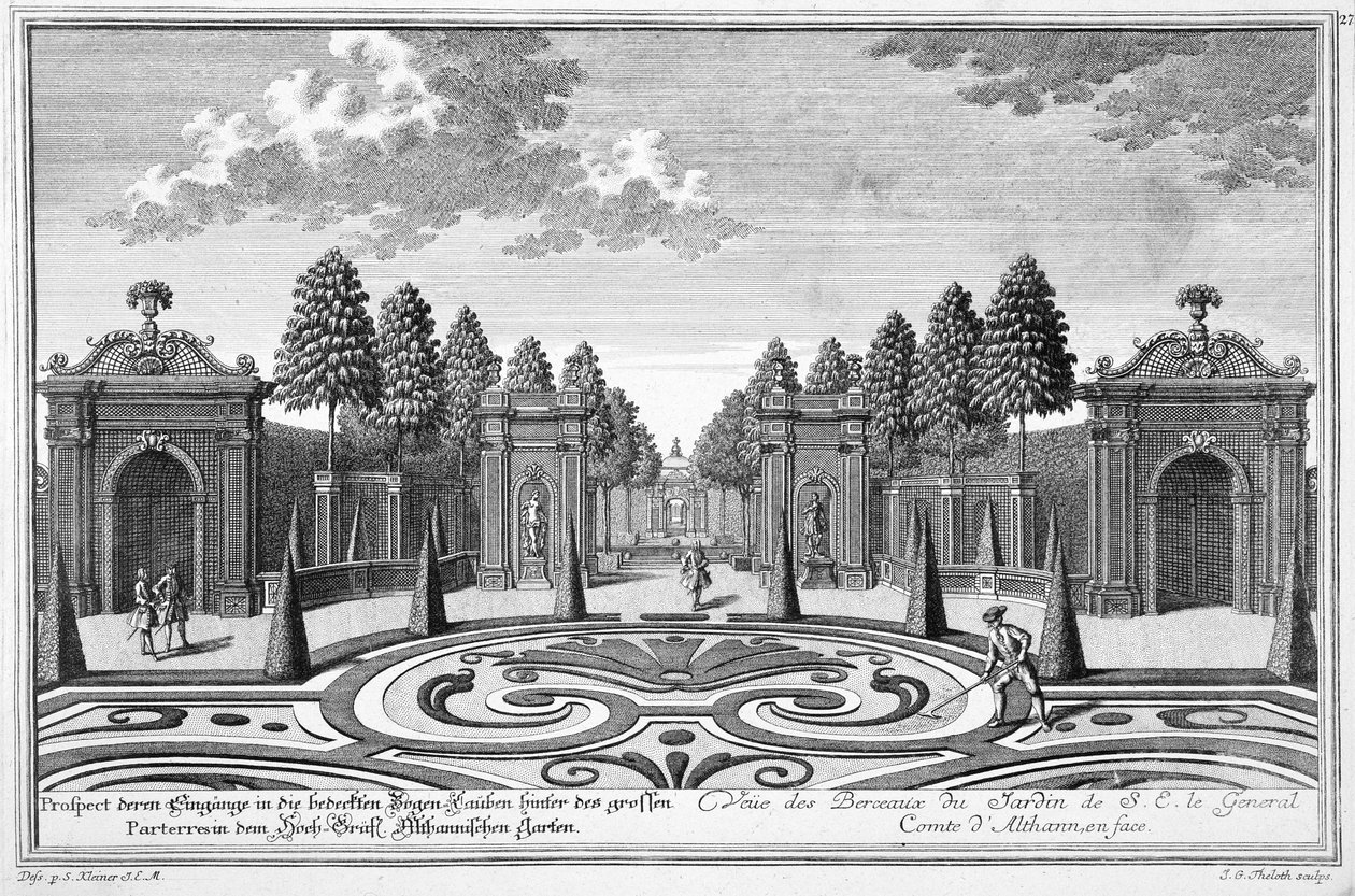 Kreivi Althanin puutarhat Wienissä teoksesta "Seuraavien huvipuutarhojen esittely Residenz-Stadt Wienin ulkopuolella", kaivertanut Johann Gottfried Thelott (1711-55) tekijältä Salomon Kleiner