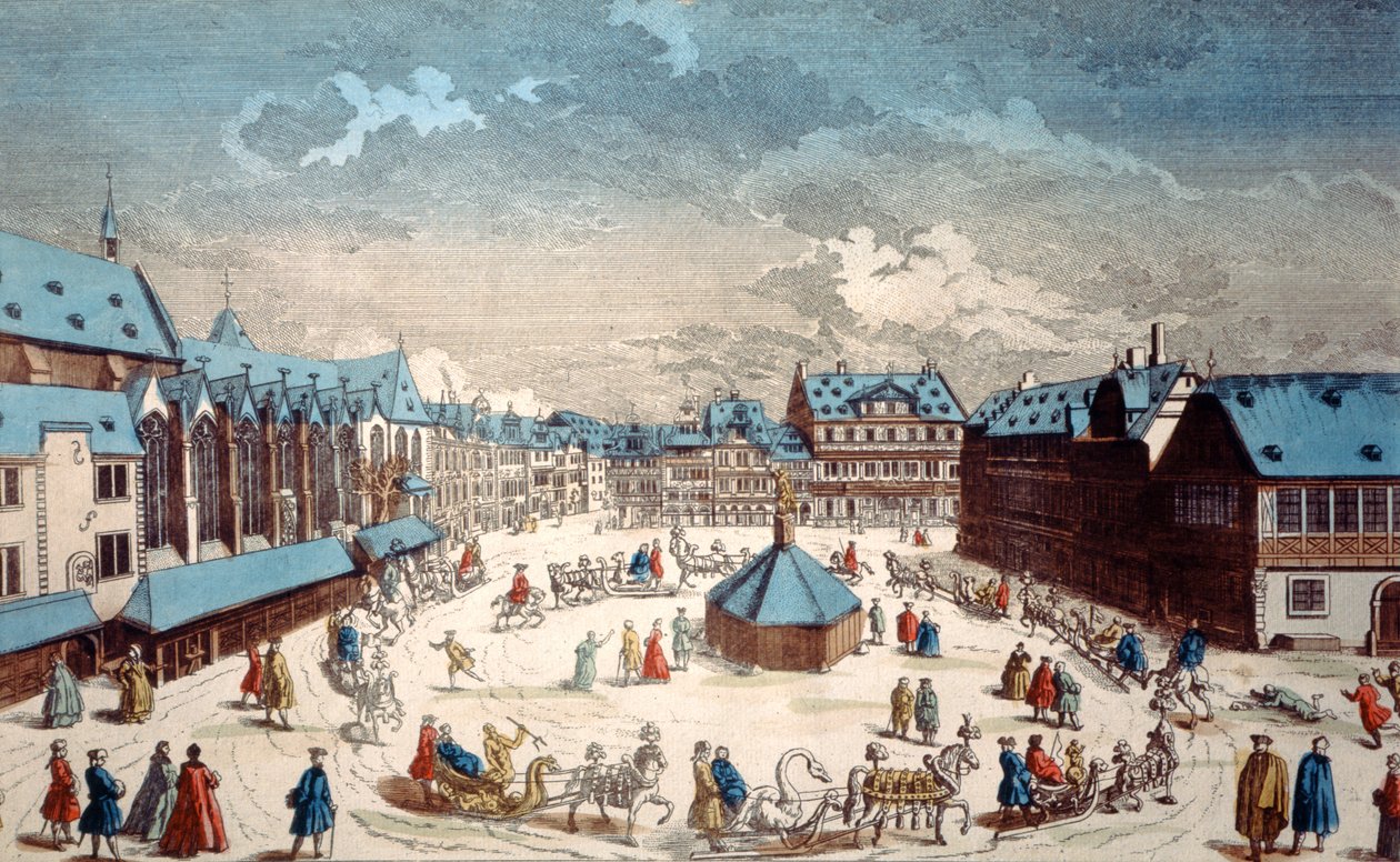 Näkymä Liebfrauenberg-aukiolle talvella, Frankfurt am Main, 1738 tekijältä Salomon Kleiner