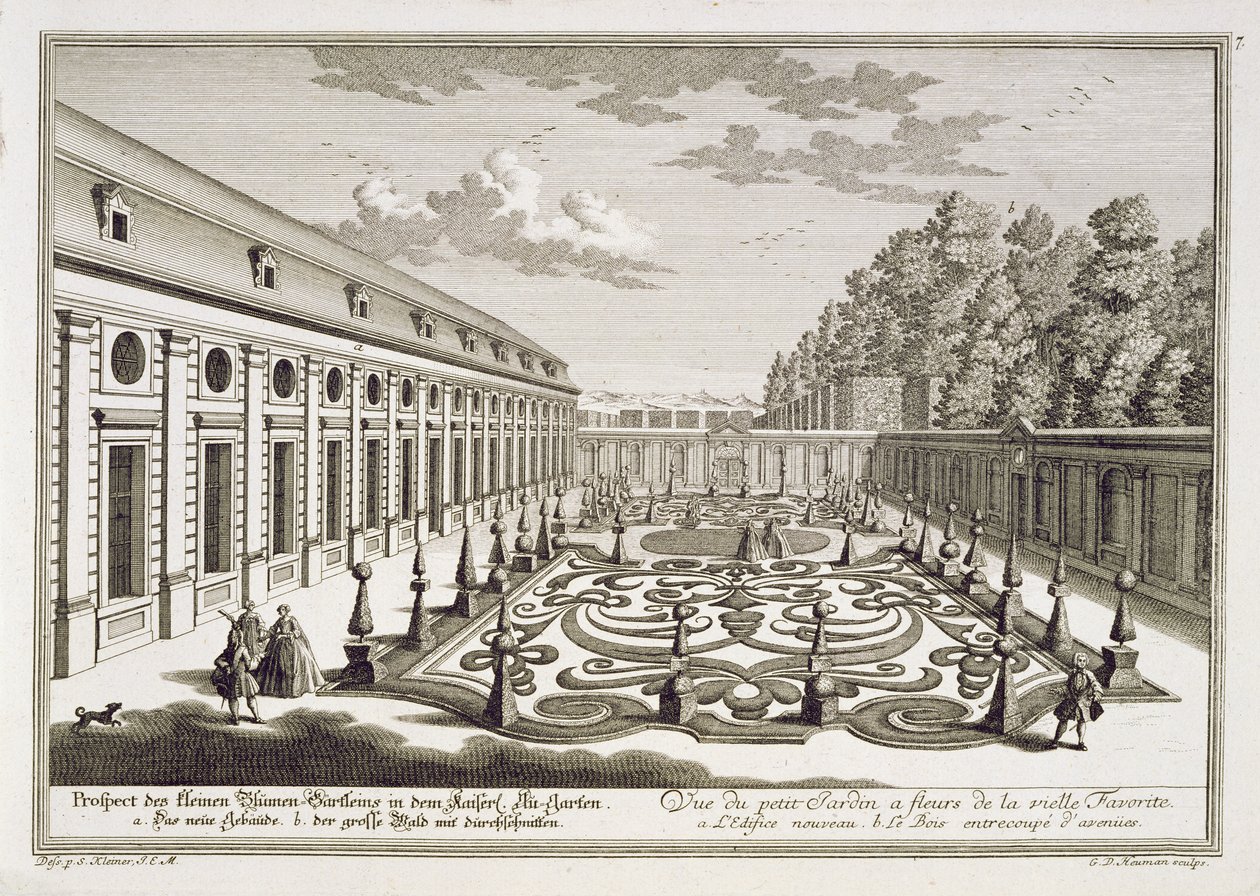Näkymä kukkapuutarhaan Wienin lähellä, kuvasta "Vorstellung folgender Lustgarten ausser der Residenz-Stadt Wienn", kaiverrettu Georg Daniel Heumann (1691-1759), julkaistu n. 1724-37. tekijältä Salomon Kleiner